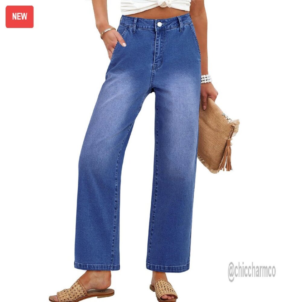 High Waist Straight Leg Stretchy Denim Pants Ankle Length